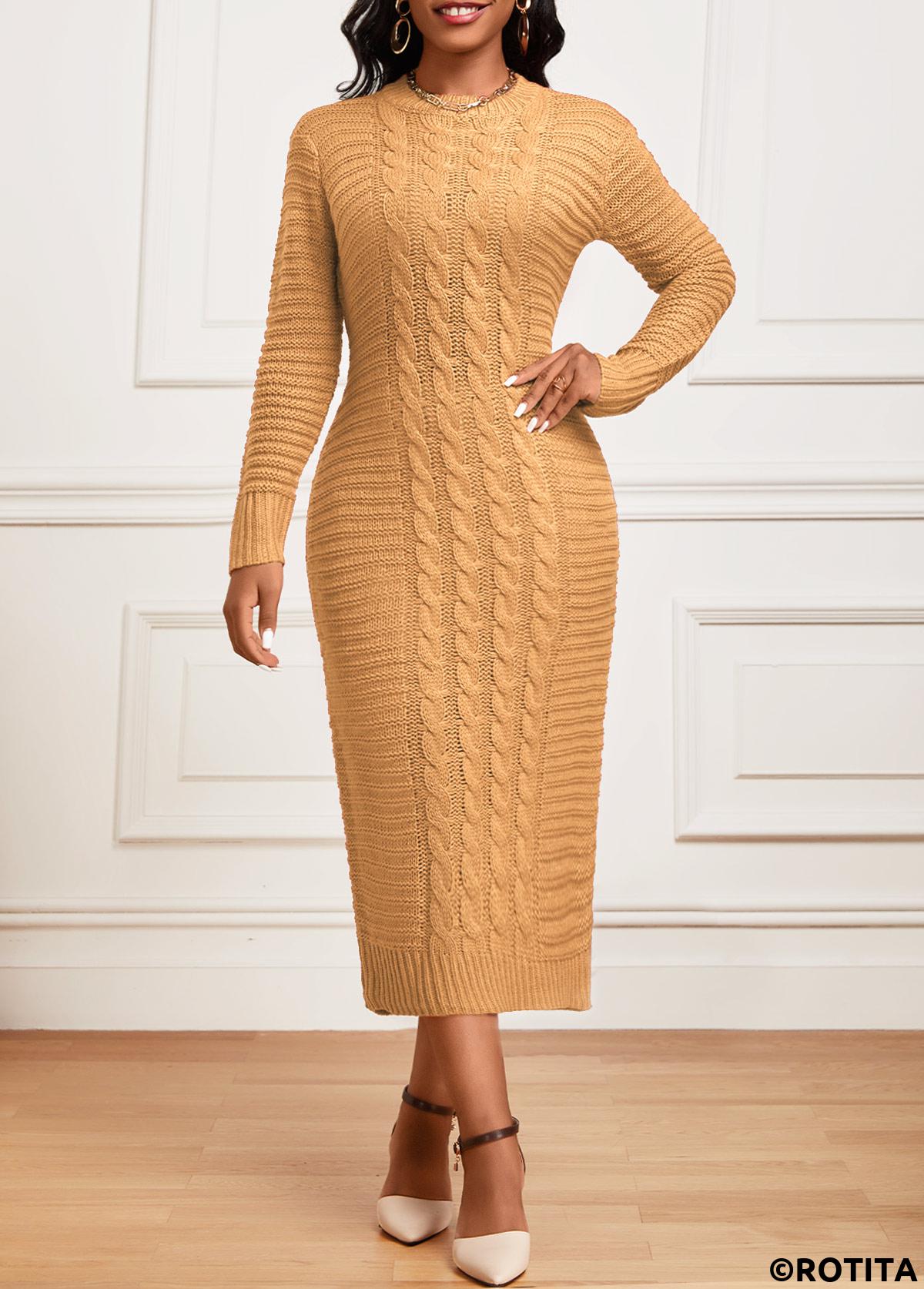 robe rotita camel clair à manches longues et col rond
