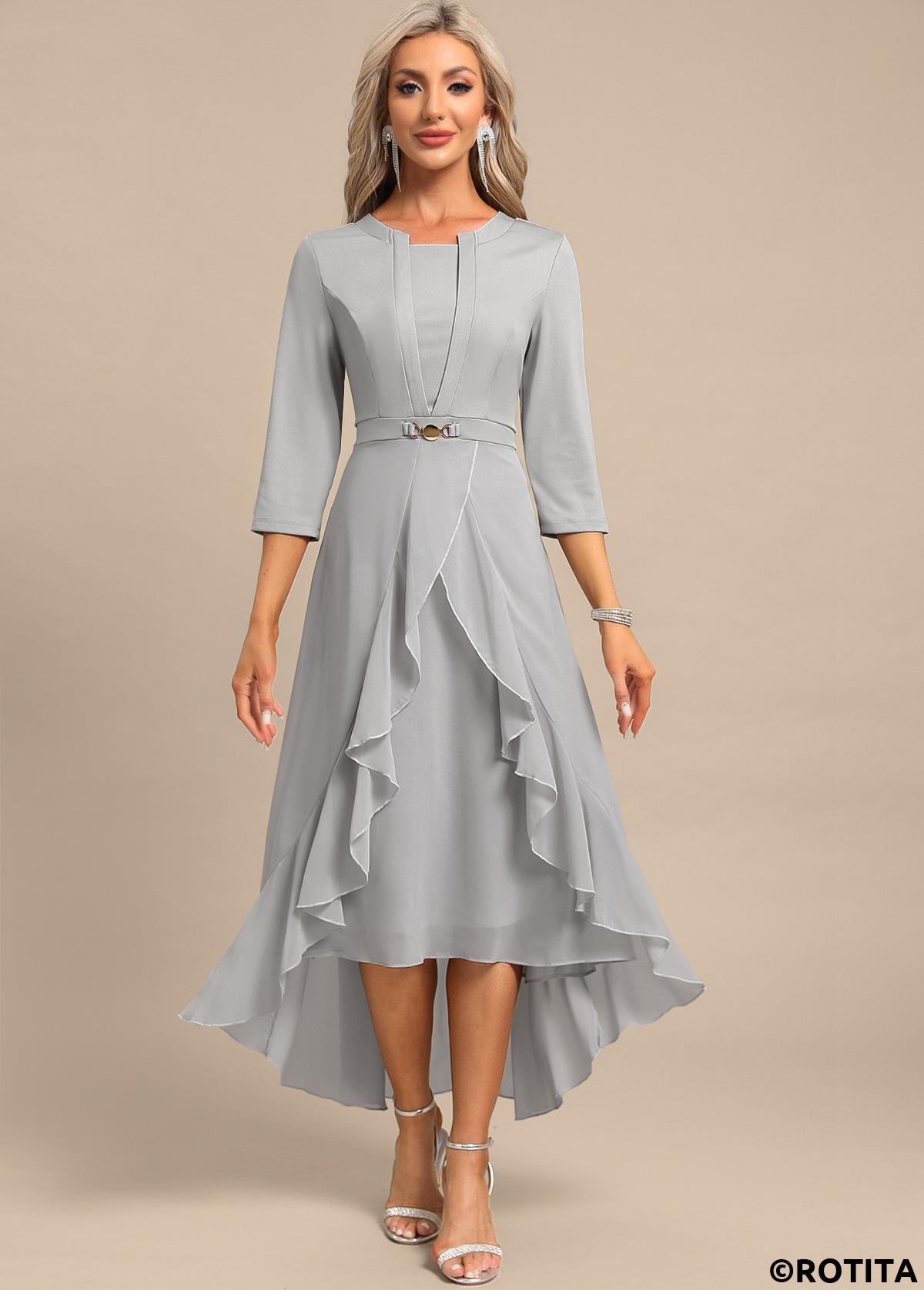 Light Grey dresses,Plain Color dresses,Party dresses,Elegant dresses,ROTITA Fake 2in1 Light Grey High Low Split Neck Dress