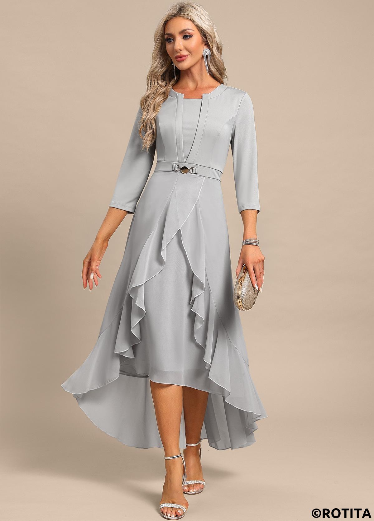 Light Grey dresses,Plain Color dresses,Party dresses,Elegant dresses,ROTITA Fake 2in1 Light Grey High Low Split Neck Dress