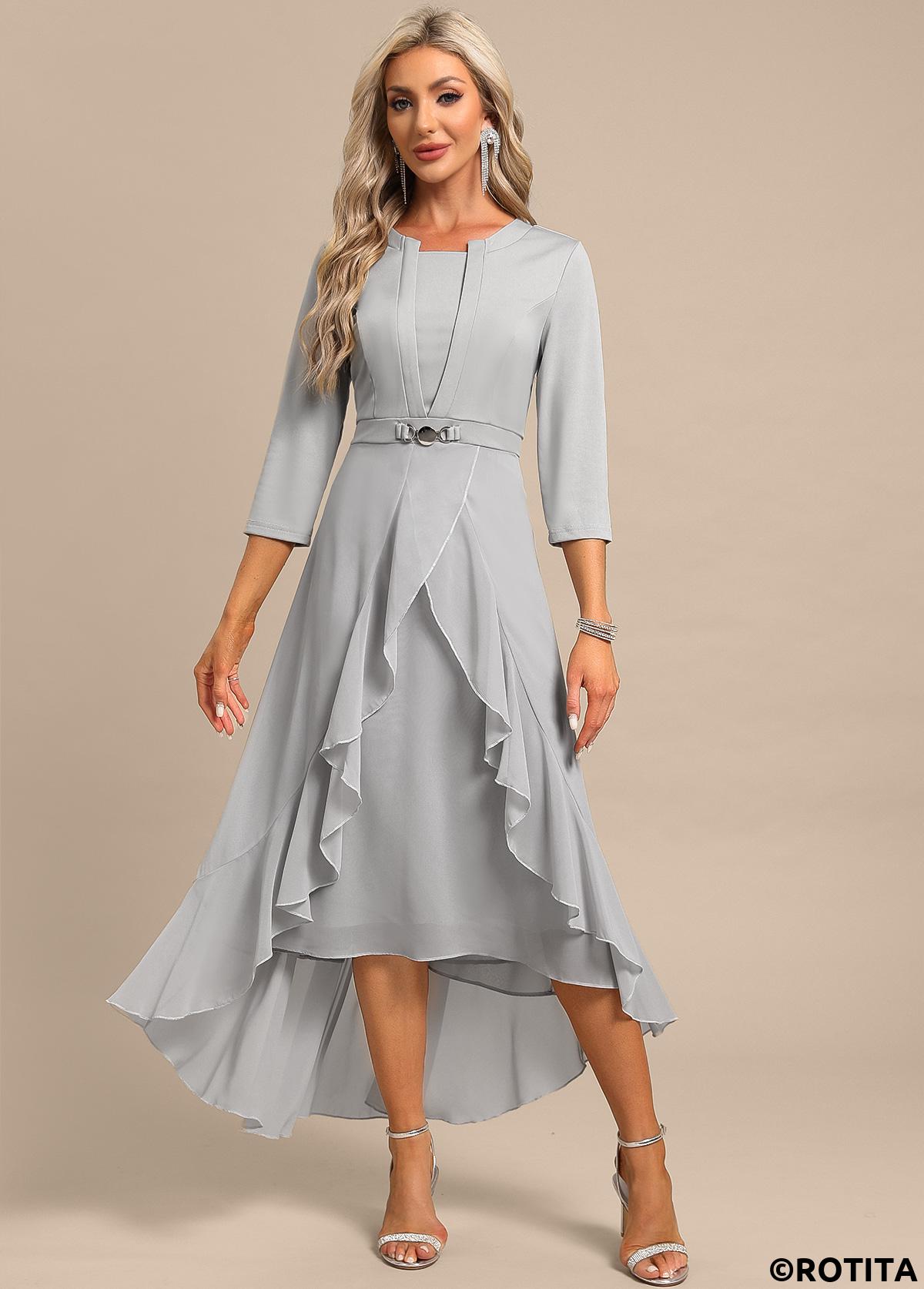Light Grey dresses,Plain Color dresses,Party dresses,Elegant dresses,ROTITA Fake 2in1 Light Grey High Low Split Neck Dress