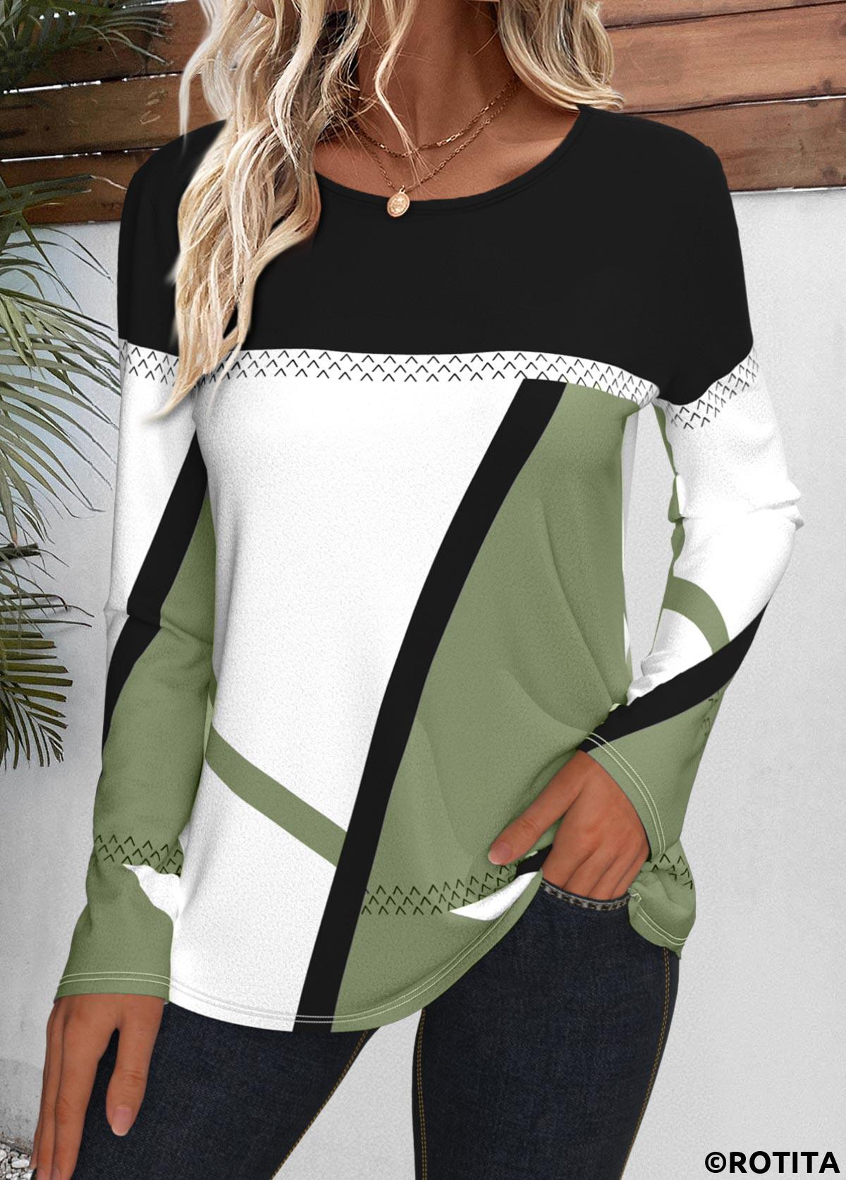 Avocado Green plus size,White plus size,Geometric plus size,Striped plus size,ROTITA Plus Size Patchwork Avocado Green Geometric Print T Shirt