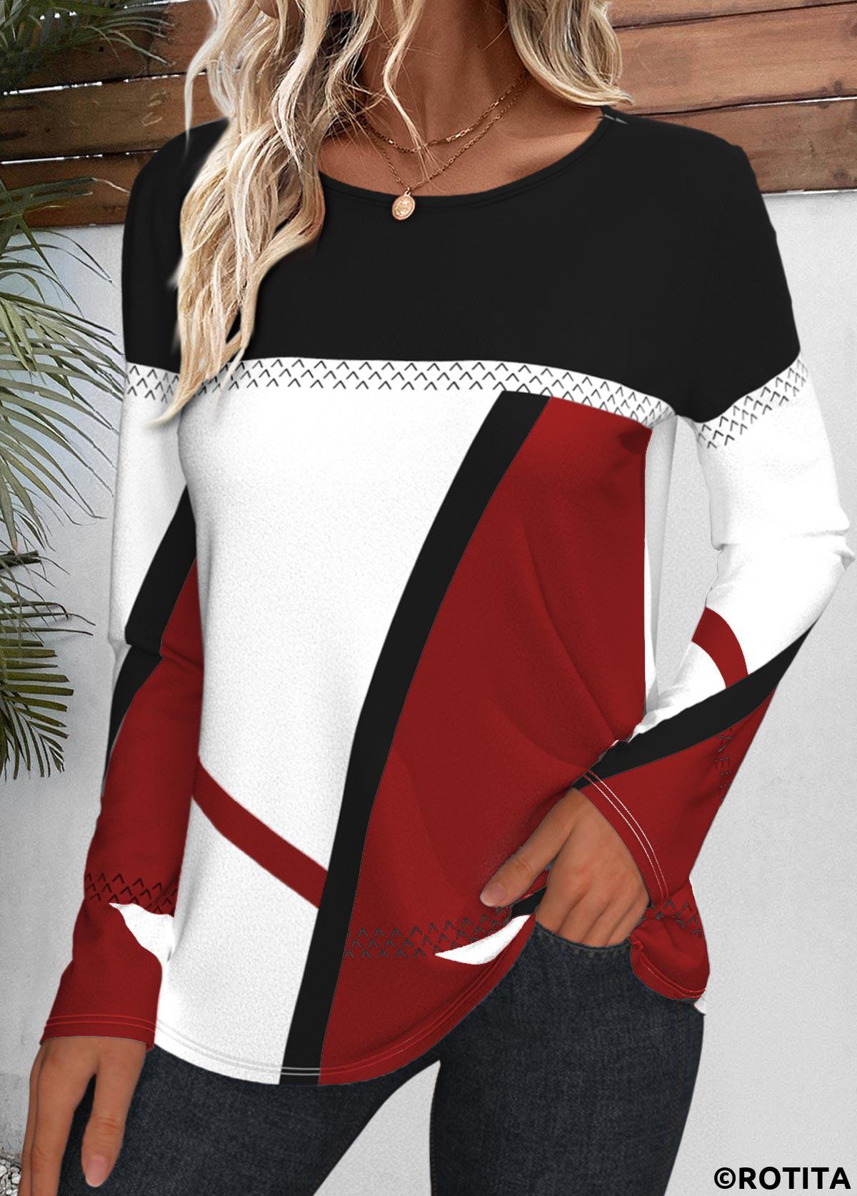 Wine Red plus size,White plus size,Geometric plus size,Striped plus size,ROTITA Plus Size Patchwork Wine Red Geometric Print T Shirt