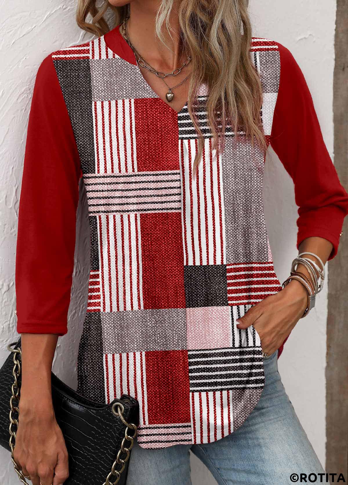 Wine Red tops,Geometric tops,Striped tops,ROTITA Geometric Print Wine Red T Shirt