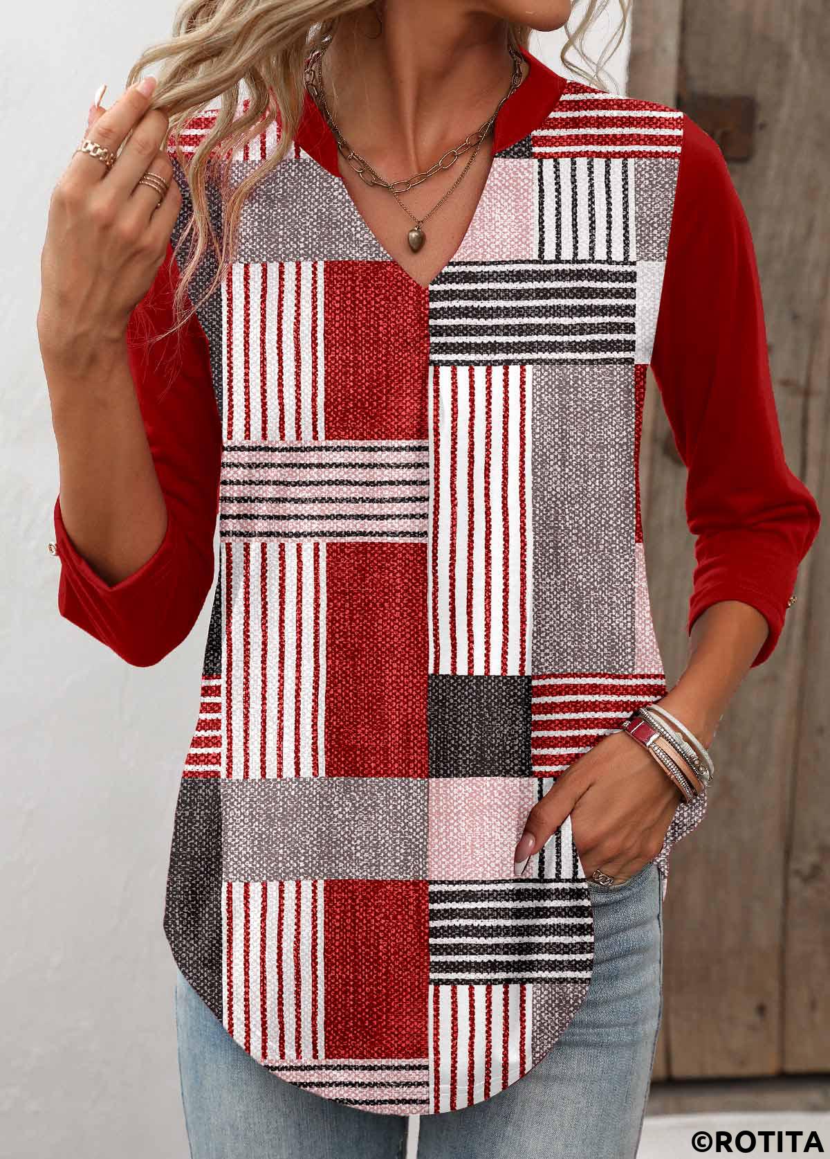 Wine Red tops,Geometric tops,Striped tops,ROTITA Geometric Print Wine Red T Shirt