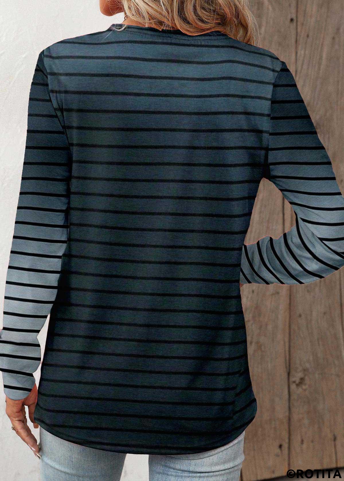 Navy tops,Striped tops,Geometric tops,Ombre tops,ROTITA Button Striped Navy Split Neck Long Sleeve T Shirt