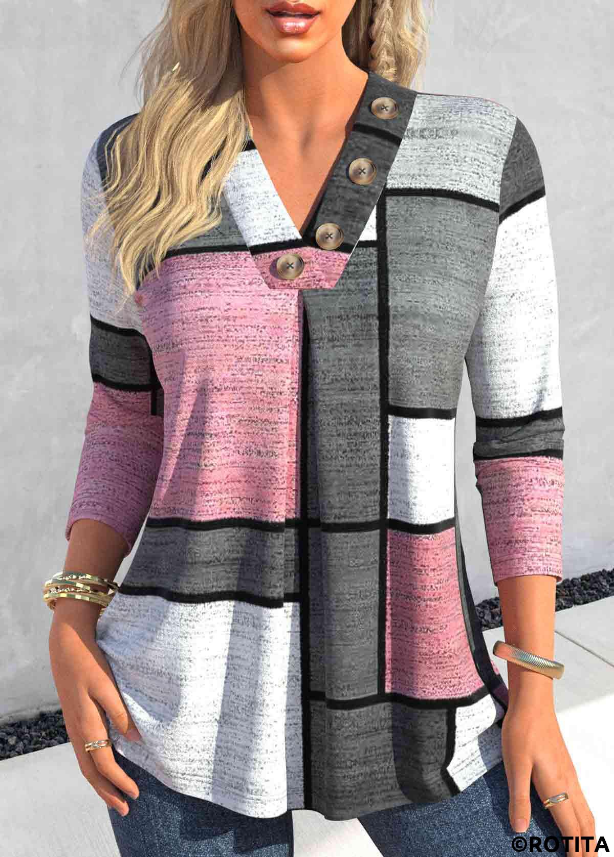 Pink tops,Geometric tops,Striped tops,Plaid tops,ROTITA Button Geometric Print Pink V Neck T Shirt