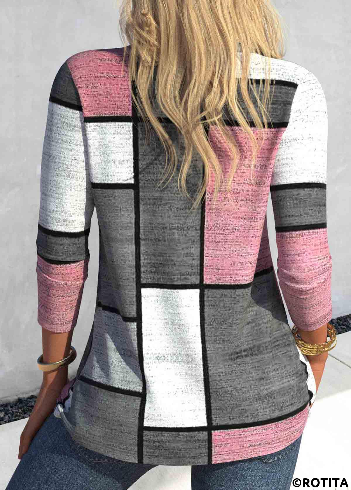 Pink tops,Geometric tops,Striped tops,Plaid tops,ROTITA Button Geometric Print Pink V Neck T Shirt