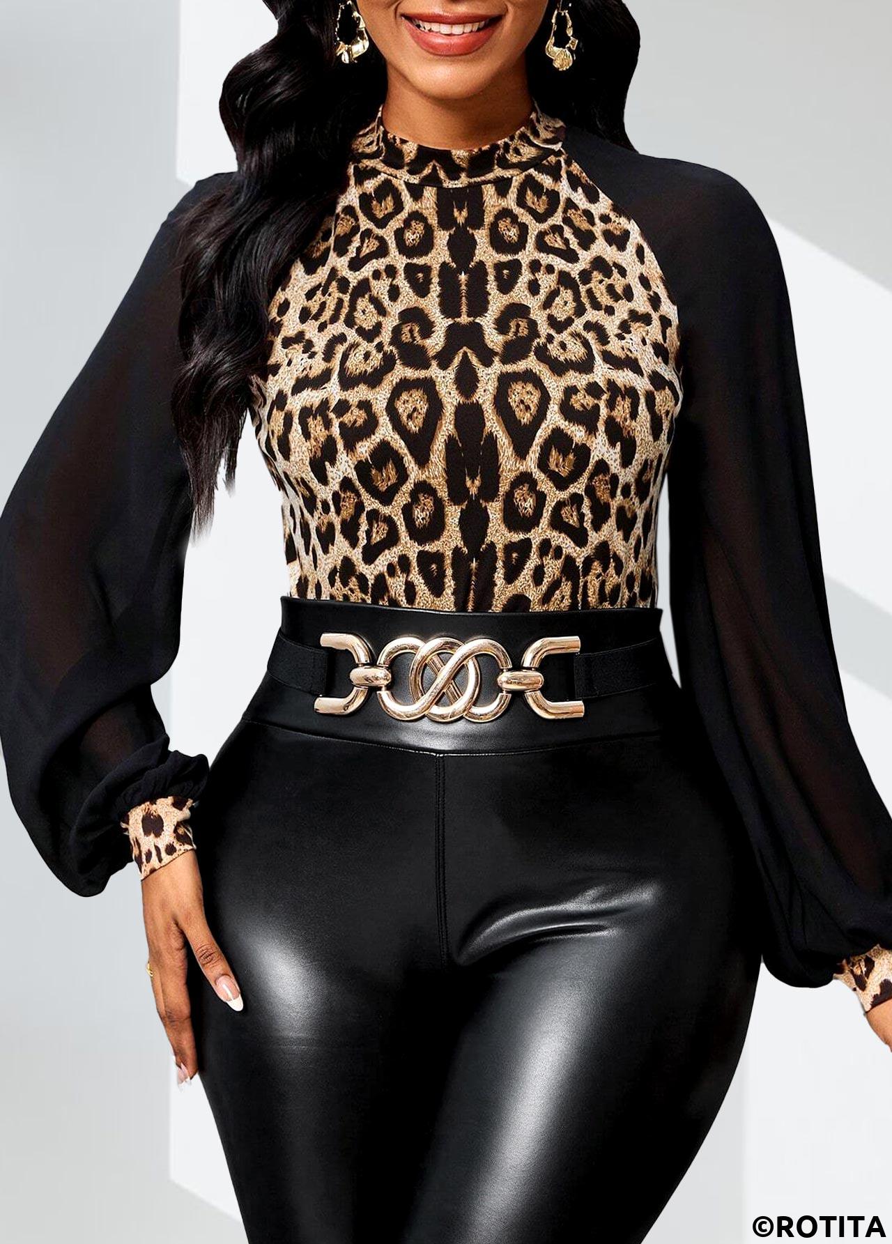 Dark Camel tops,Leopard tops,Animal Print tops,ROTITA Patchwork Leopard Dark Camel Stand Collar Long Sleeve Blouse