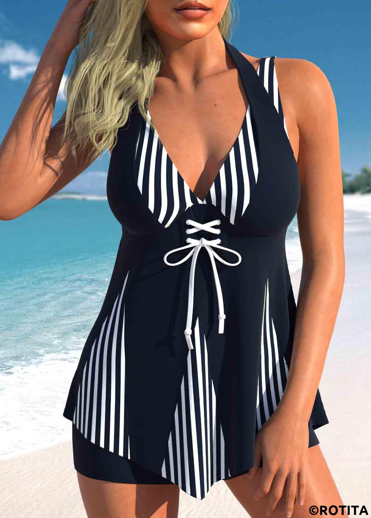 Patchwork V-Neck Navy Striped Swimdress Set