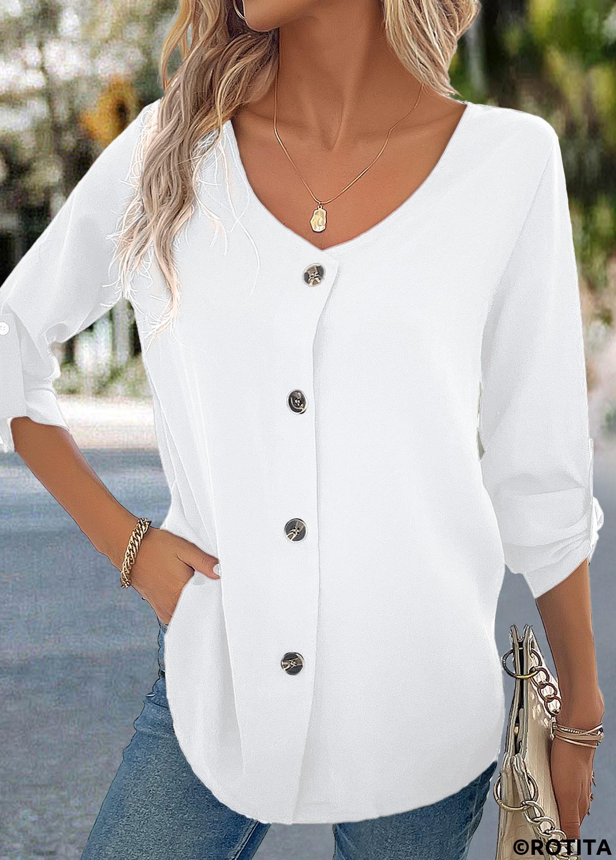 White tops,Plain Color tops,Button White V Neck Long Sleeve Blouse