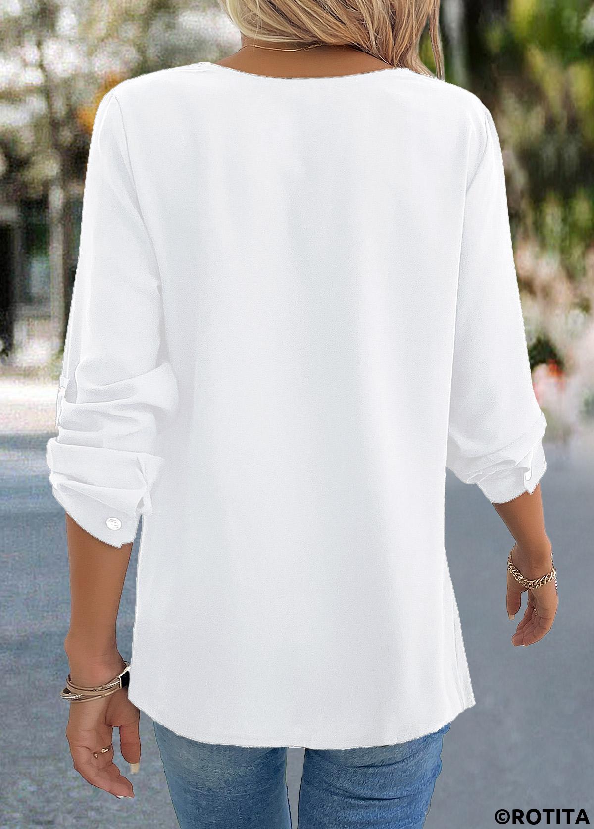 White tops,Plain Color tops,Button White V Neck Long Sleeve Blouse