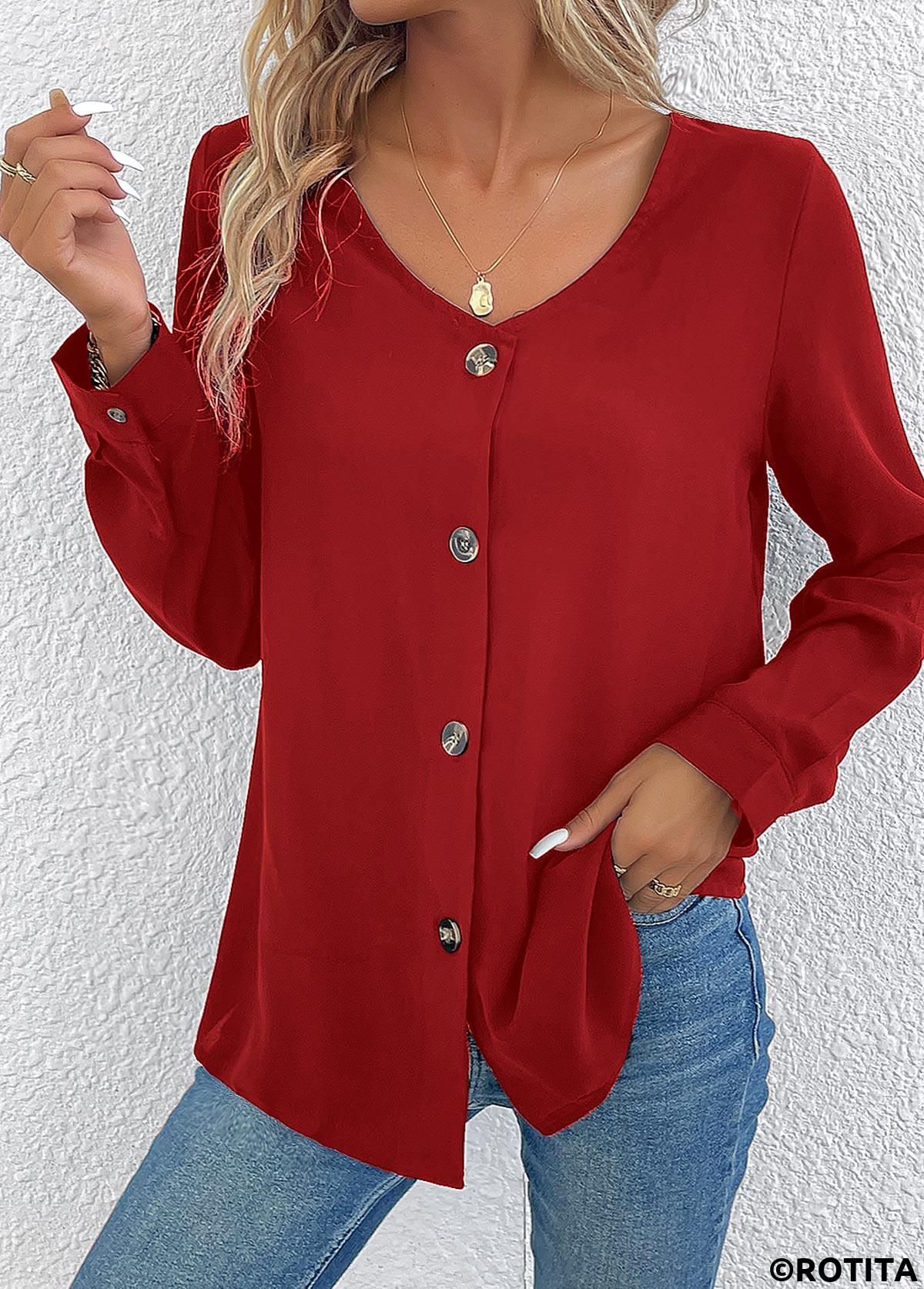 Wine Red tops,Plain Color tops,ROTITA Button Wine Red V Neck Long Sleeve Blouse
