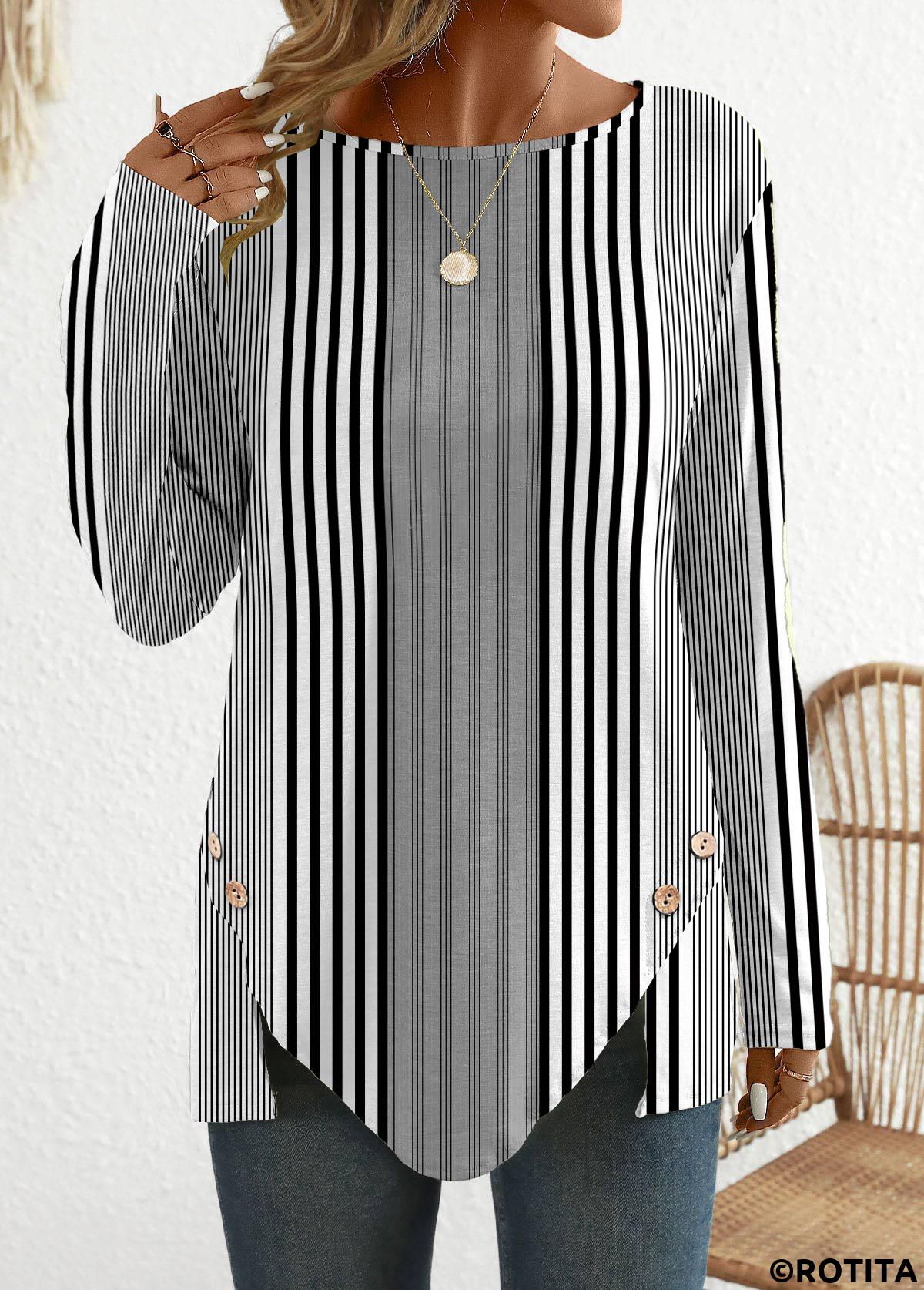 ROTITA Patchwork Striped Black Round Neck Long Sleeve T Shirt