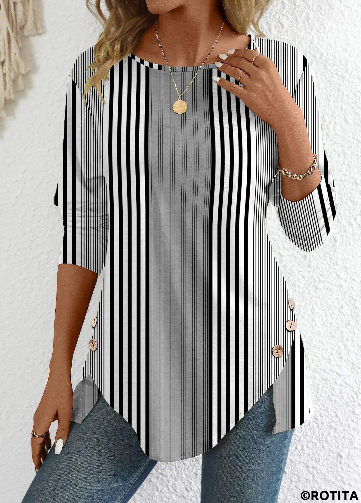 ROTITA Patchwork Striped Black Round Neck Long Sleeve T Shirt