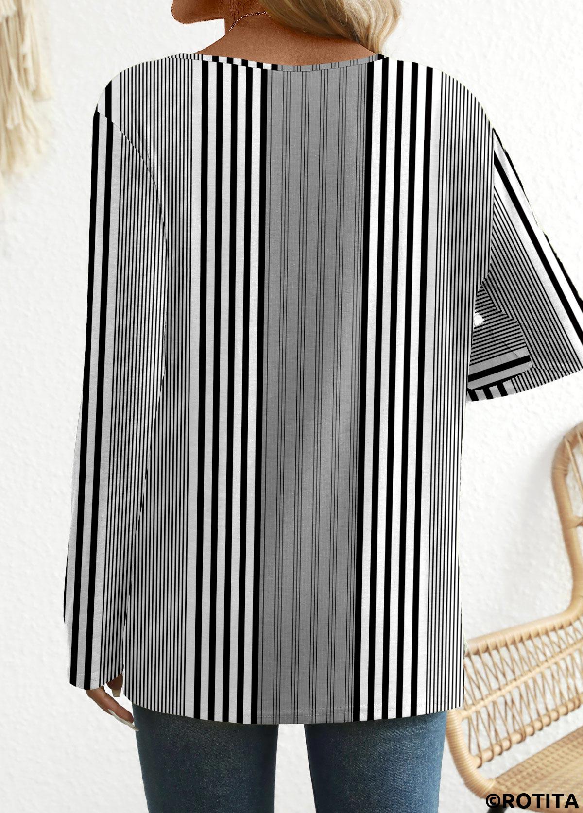ROTITA Patchwork Striped Black Round Neck Long Sleeve T Shirt