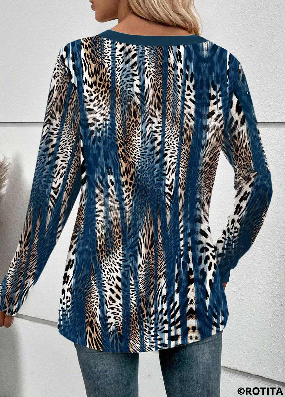 rotita patchwork léopard paon bleu t-shirt col en v