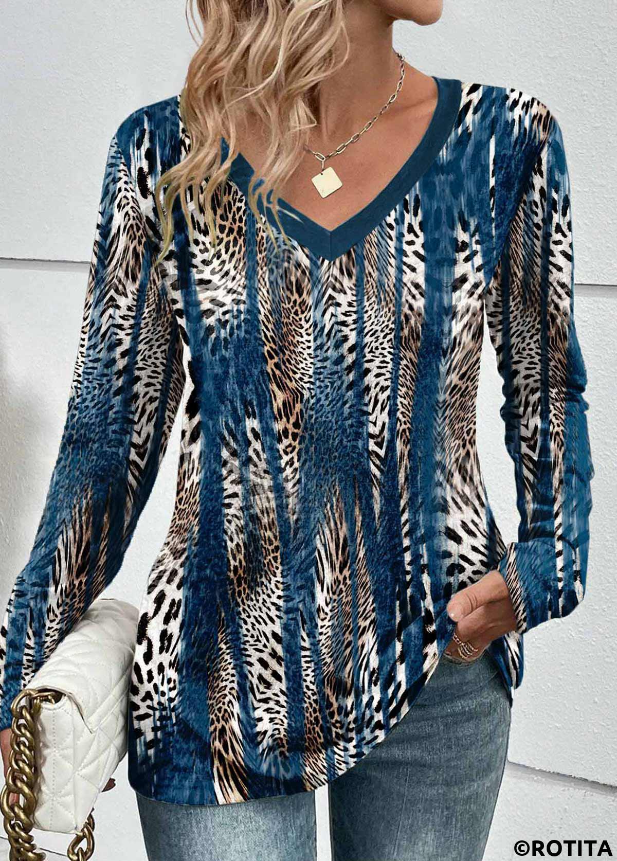 rotita patchwork léopard paon bleu t-shirt col en v