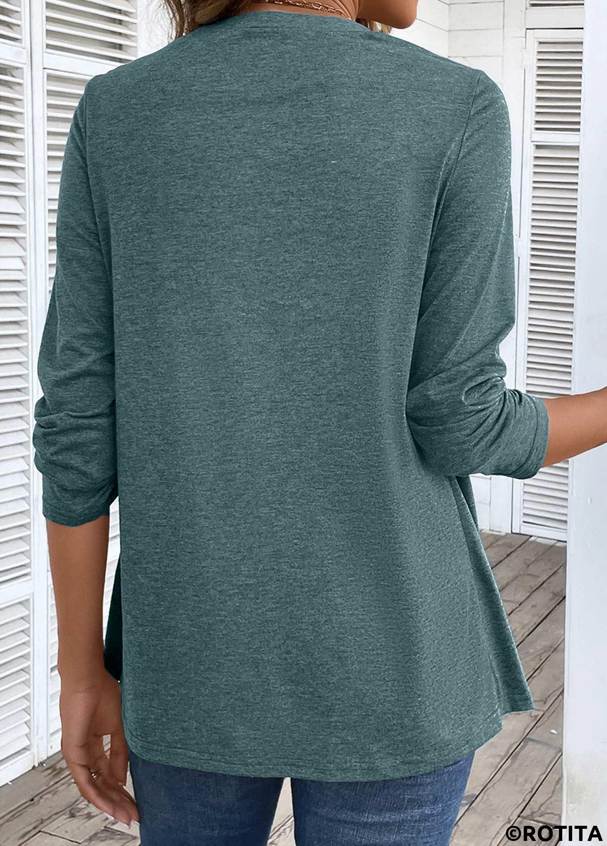 Sage Green tops,Geometric tops,Plaid tops,ROTITA Fake 2in1 Geometric Print Sage Green T Shirt