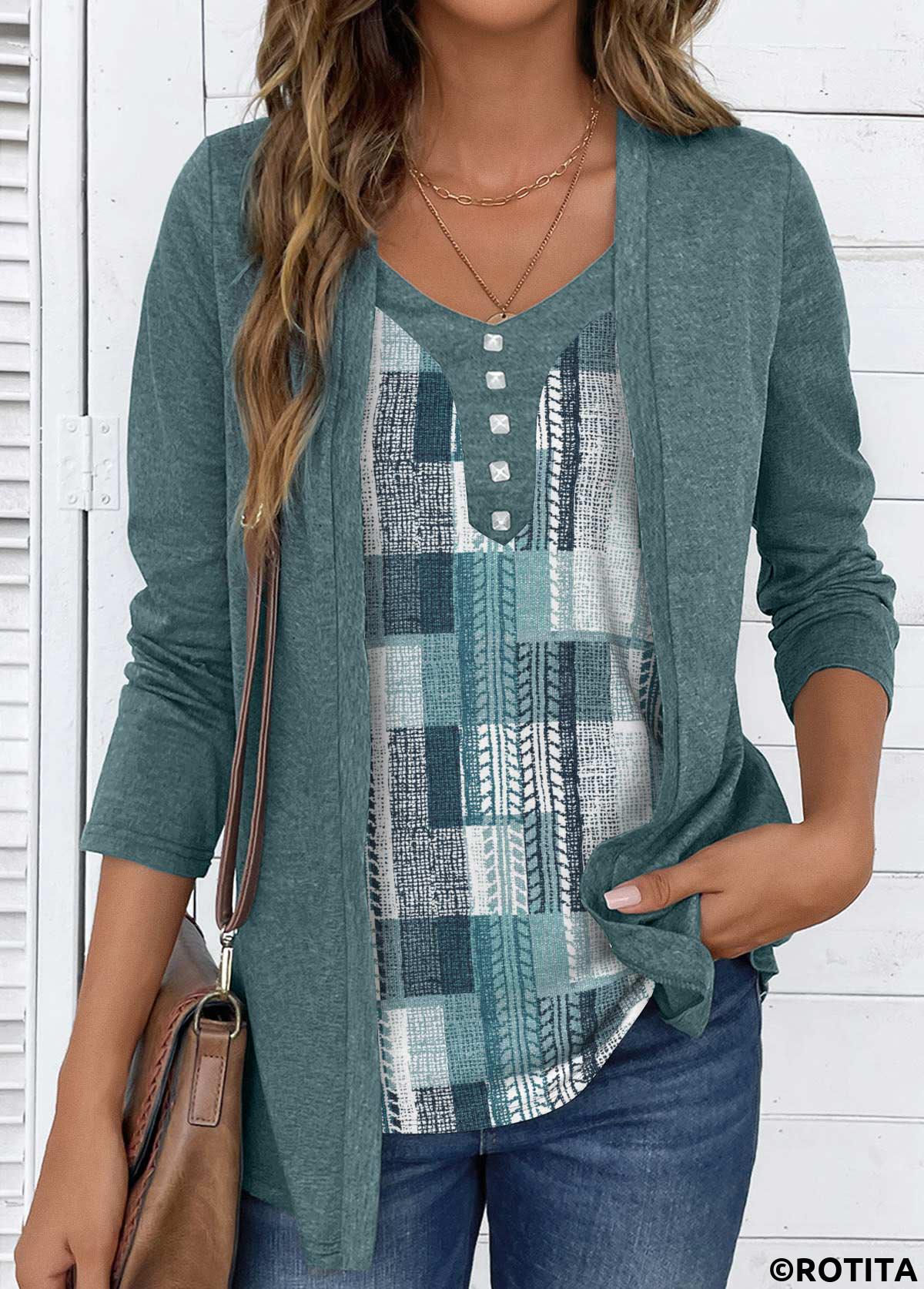Sage Green tops,Geometric tops,Plaid tops,ROTITA Fake 2in1 Geometric Print Sage Green T Shirt