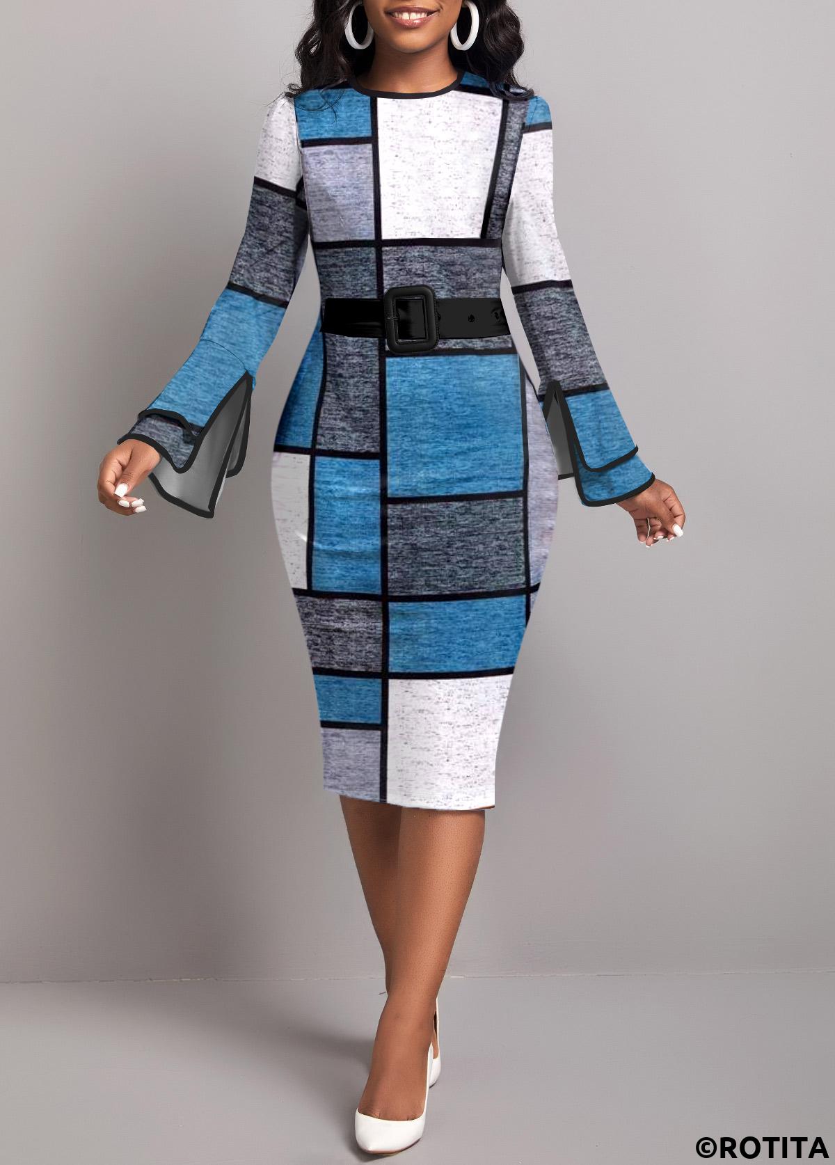 Blue dresses,Geometric dresses,Striped dresses,Plaid dresses,Wear to Work dresses,Work dresses,ROTITA Layered Geometric Print Blue Round Neck Dress