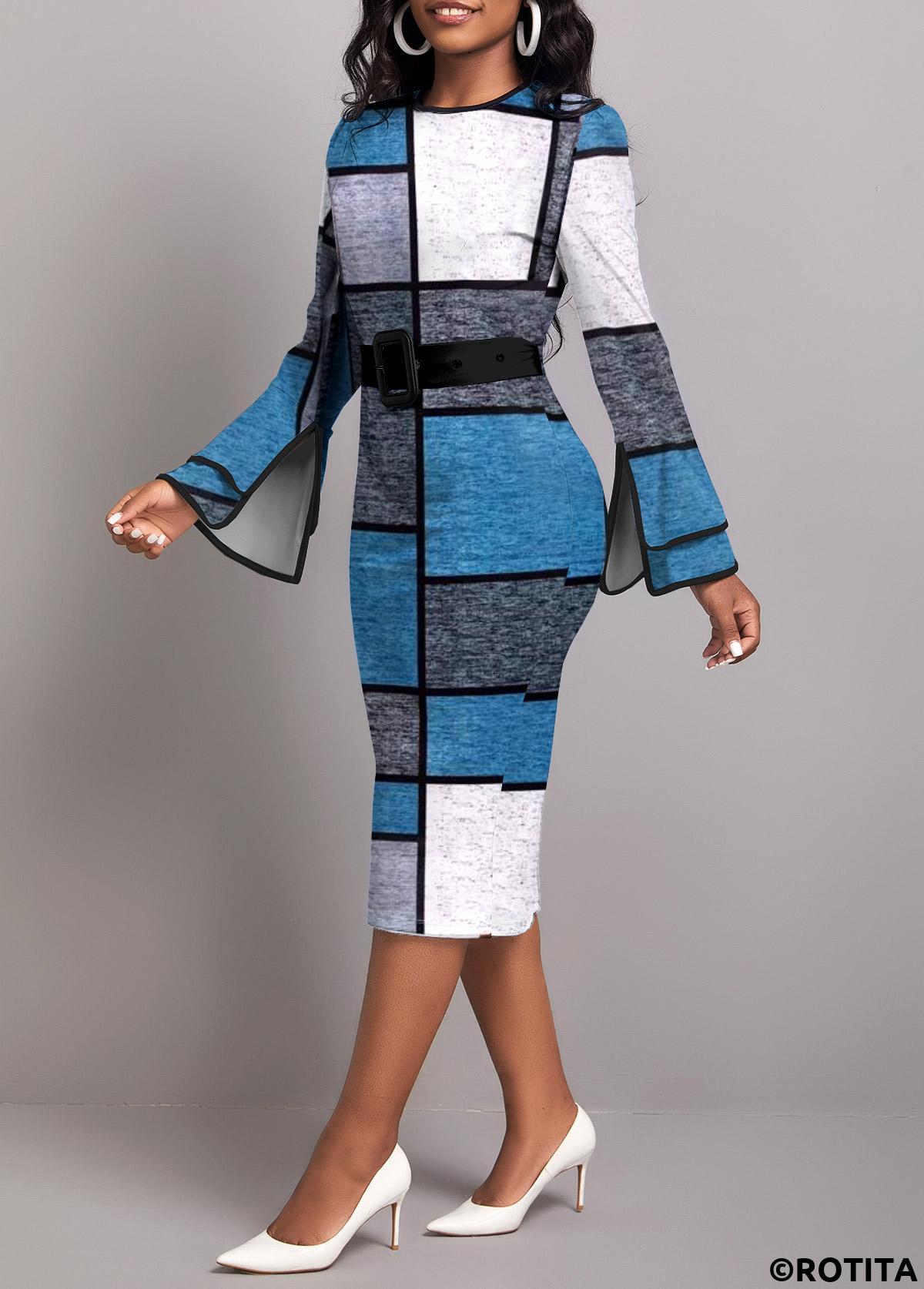 Blue dresses,Geometric dresses,Striped dresses,Plaid dresses,Wear to Work dresses,Work dresses,ROTITA Layered Geometric Print Blue Round Neck Dress