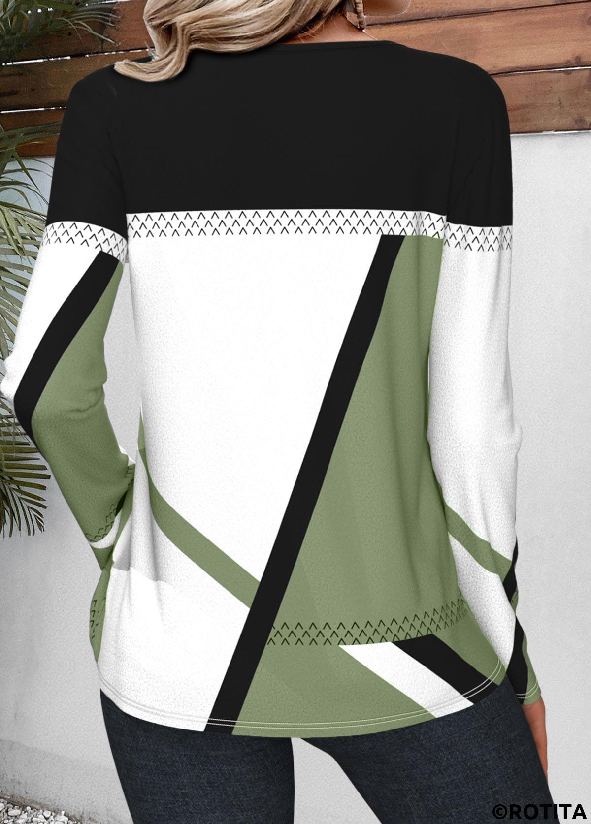 Avocado Green plus size,White plus size,Geometric plus size,Striped plus size,ROTITA Plus Size Patchwork Avocado Green Geometric Print T Shirt