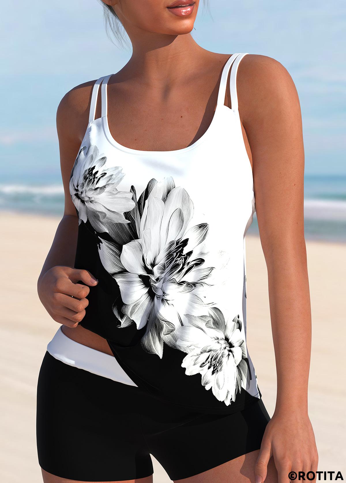 ROTITA White Floral Print High Waisted Tankini Set