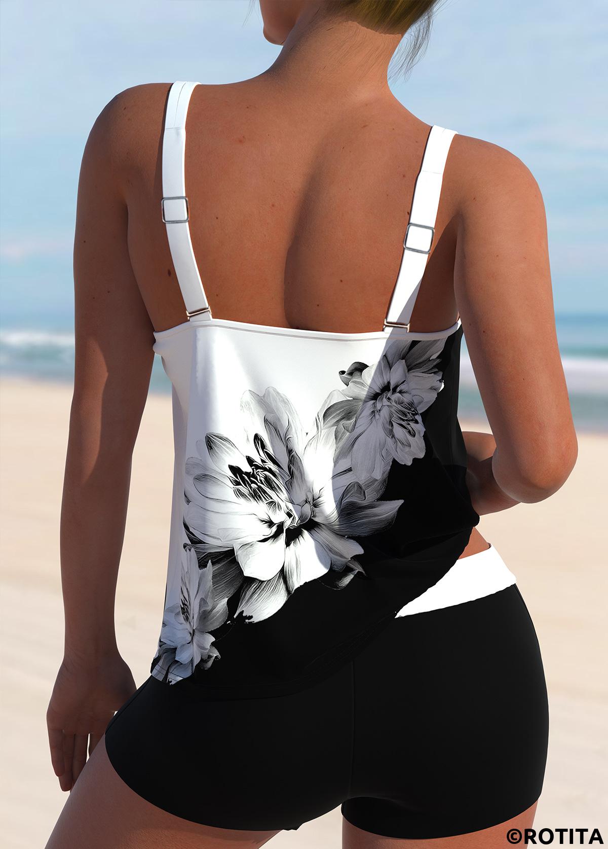 ROTITA White Floral Print High Waisted Tankini Set