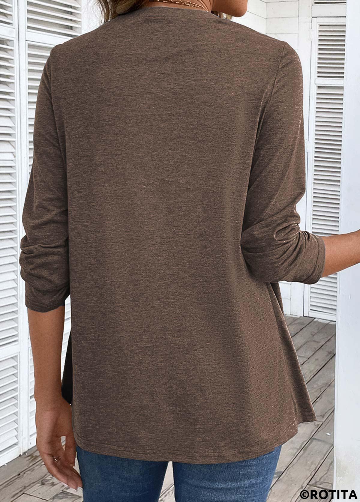 Dark Coffee tops,Leopard tops,Striped tops,Geometric tops,Animal Print tops,ROTITA Fake 2in1 Leopard Dark Coffee V Neck T Shirt