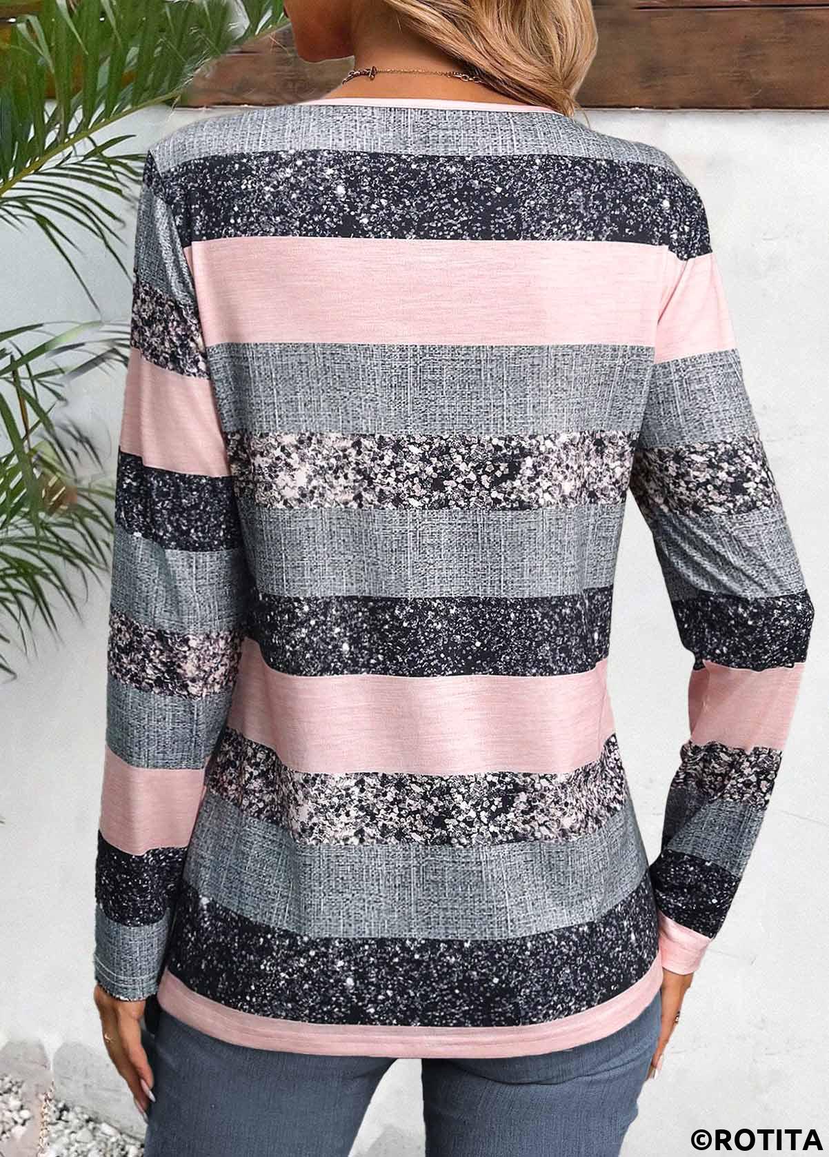 Light Pink tops,Grey tops,Striped tops,Geometric tops,ROTITA Asymmetry Striped Light Pink Asymmetrical Neck T Shirt