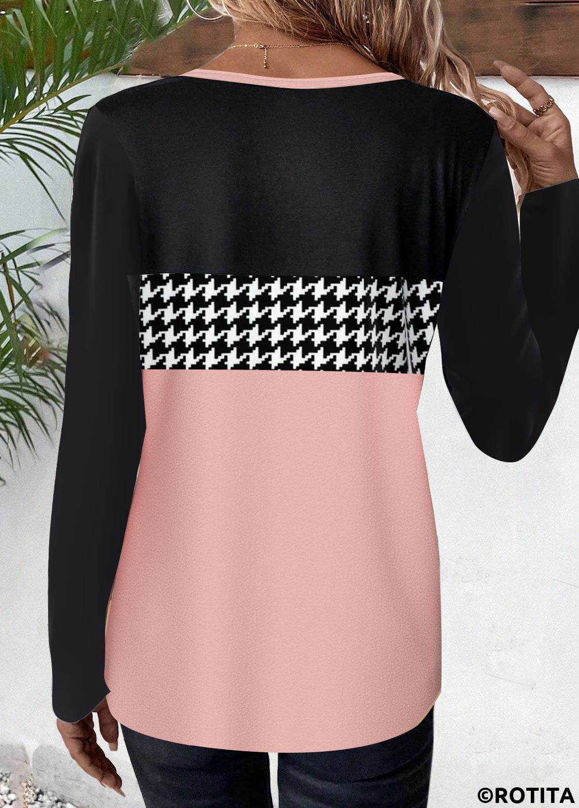 Pink plus size,Black plus size,Geometric plus size,Houndstooth plus size,ROTITA Plus Size Pink Geometric Print Round Neck T Shirt