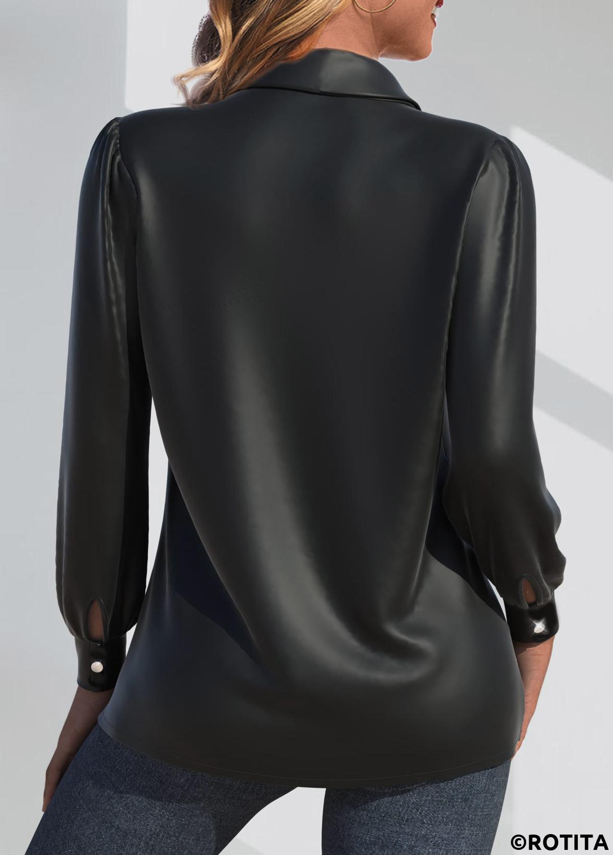 Black tops,Plain Color tops,ROTITA Faux Leather Black Shirt Collar Long Sleeve Blouse