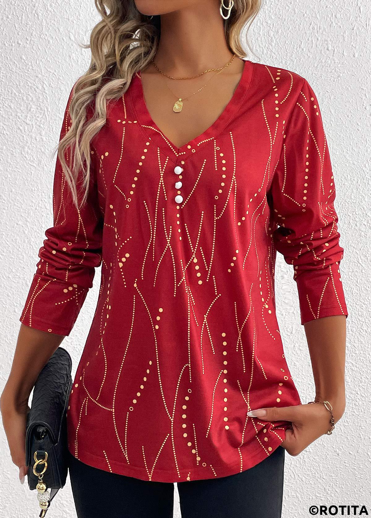 Wine Red tops,Light Yellow tops,Geometric tops,Dot tops,Striped tops,ROTITA Button Geometric Print Wine Red V Neck T Shirt