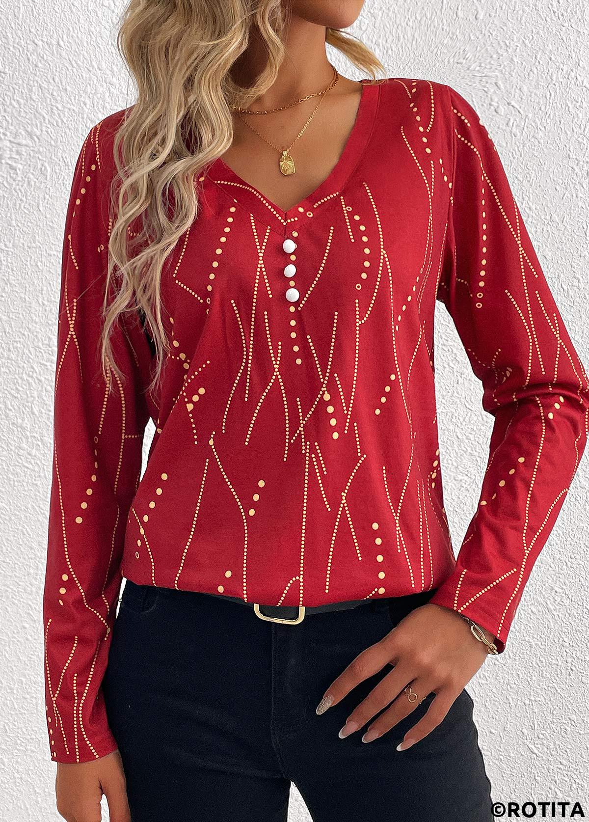 Wine Red tops,Light Yellow tops,Geometric tops,Dot tops,Striped tops,ROTITA Button Geometric Print Wine Red V Neck T Shirt