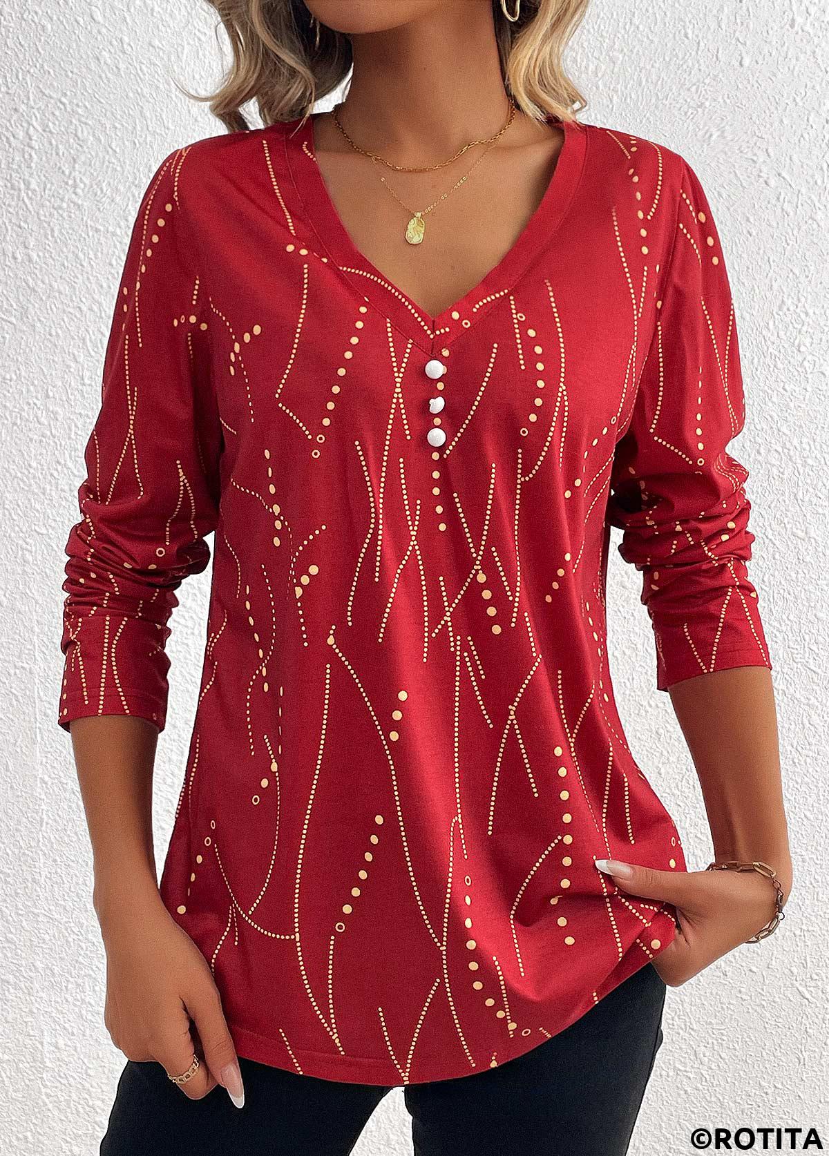 Wine Red tops,Light Yellow tops,Geometric tops,Dot tops,Striped tops,ROTITA Button Geometric Print Wine Red V Neck T Shirt