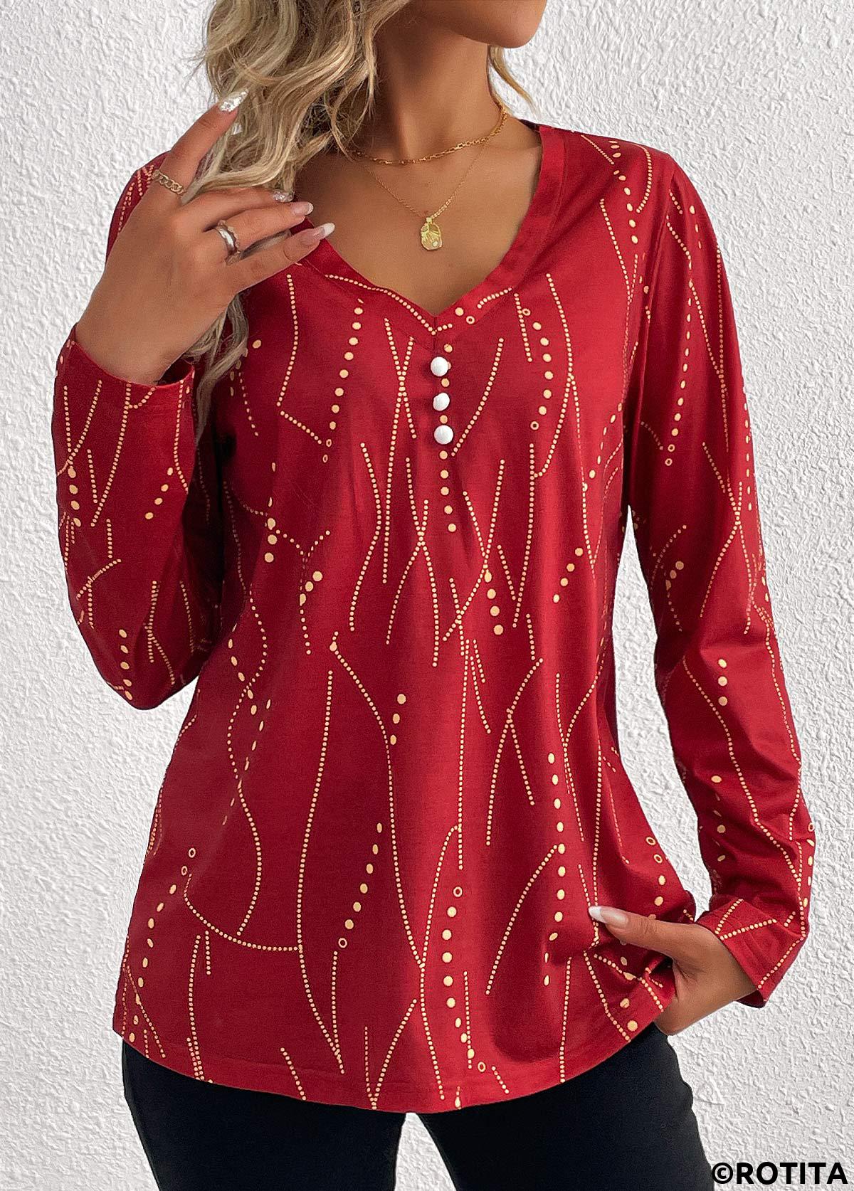 Wine Red tops,Light Yellow tops,Geometric tops,Dot tops,Striped tops,ROTITA Button Geometric Print Wine Red V Neck T Shirt