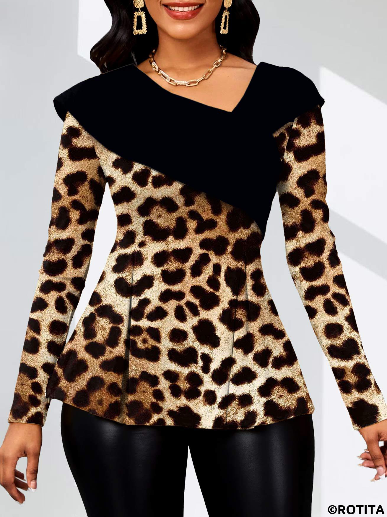 Dark Coffee tops,Black tops,Leopard tops,ROTITA Asymmetry Leopard Dark Coffee Asymmetrical Neck Long Sleeve Blouse