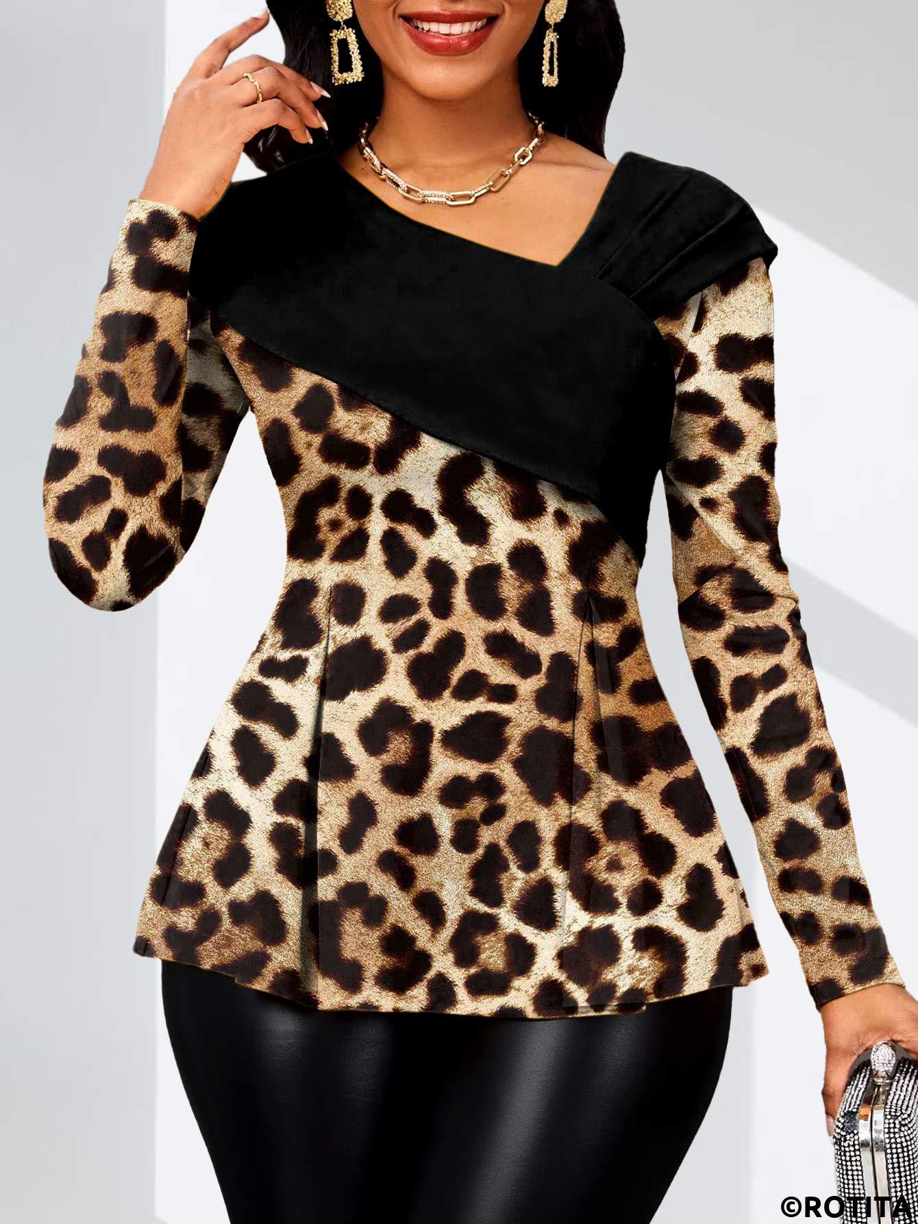 Dark Coffee tops,Black tops,Leopard tops,ROTITA Asymmetry Leopard Dark Coffee Asymmetrical Neck Long Sleeve Blouse