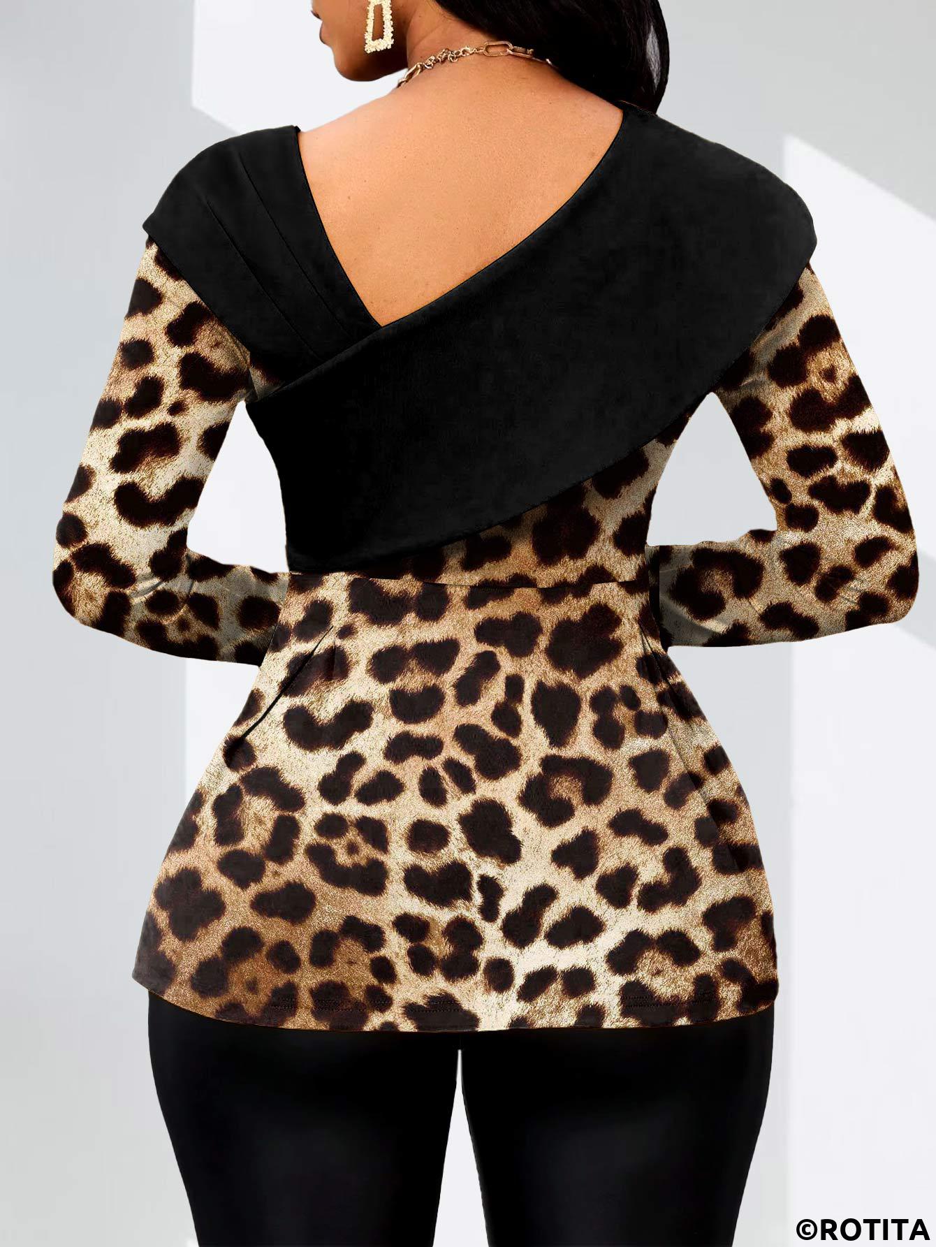 Dark Coffee tops,Black tops,Leopard tops,ROTITA Asymmetry Leopard Dark Coffee Asymmetrical Neck Long Sleeve Blouse