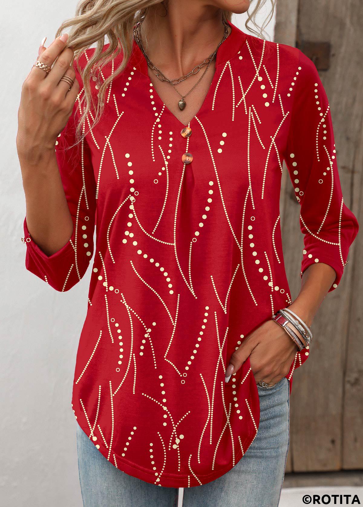 Red tops,Geometric tops,Dot tops,Striped tops,ROTITA Black Friday Hot Stamping Geometric Print Red T Shirt