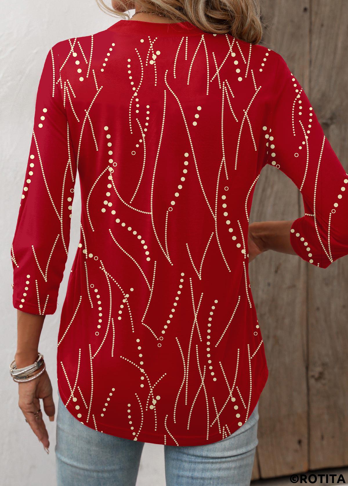 Red tops,Geometric tops,Dot tops,Striped tops,ROTITA Black Friday Hot Stamping Geometric Print Red T Shirt