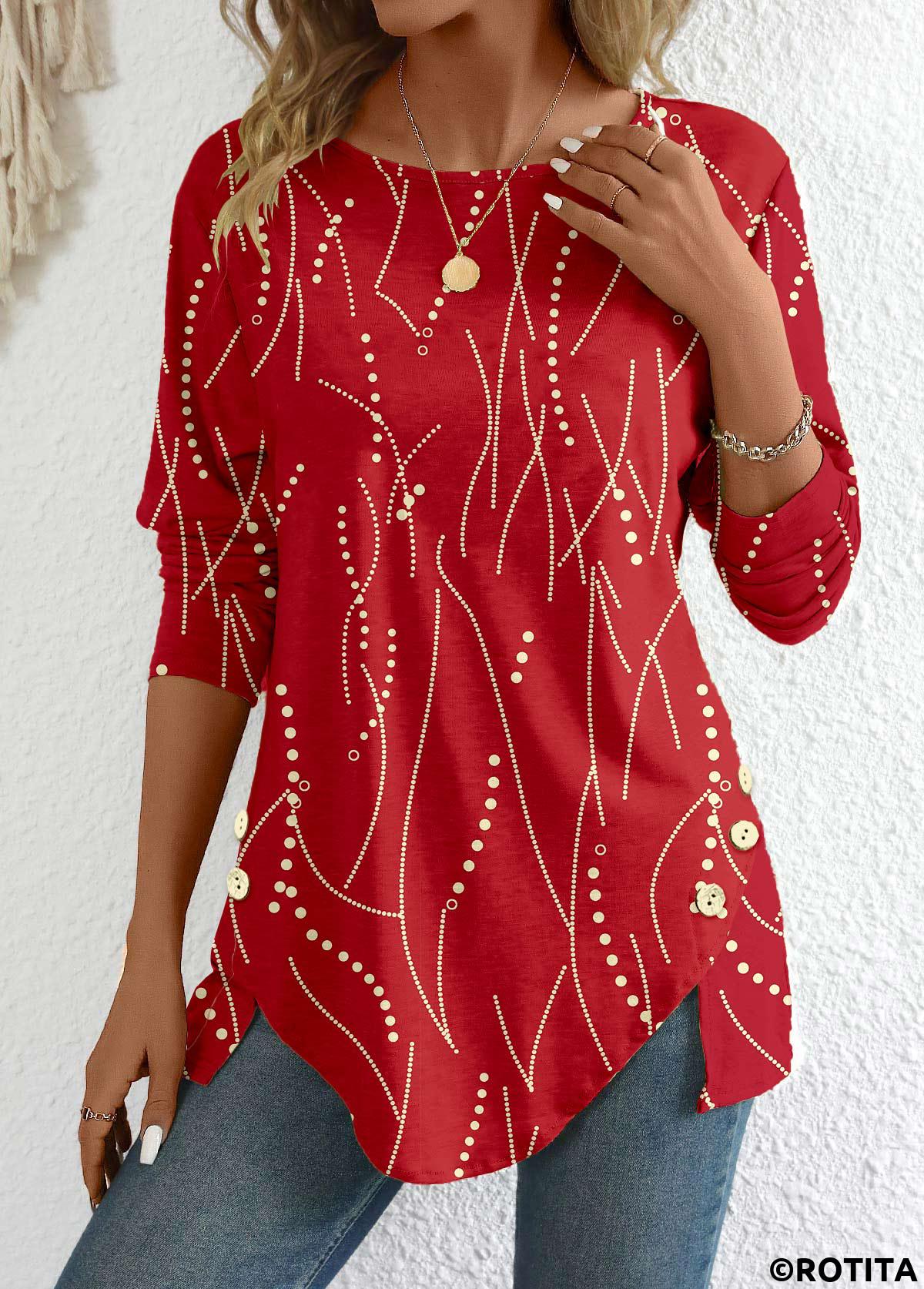 Red tops,Geometric tops,Dot tops,Striped tops,ROTITA Button Geometric Print Red Round Neck T Shirt
