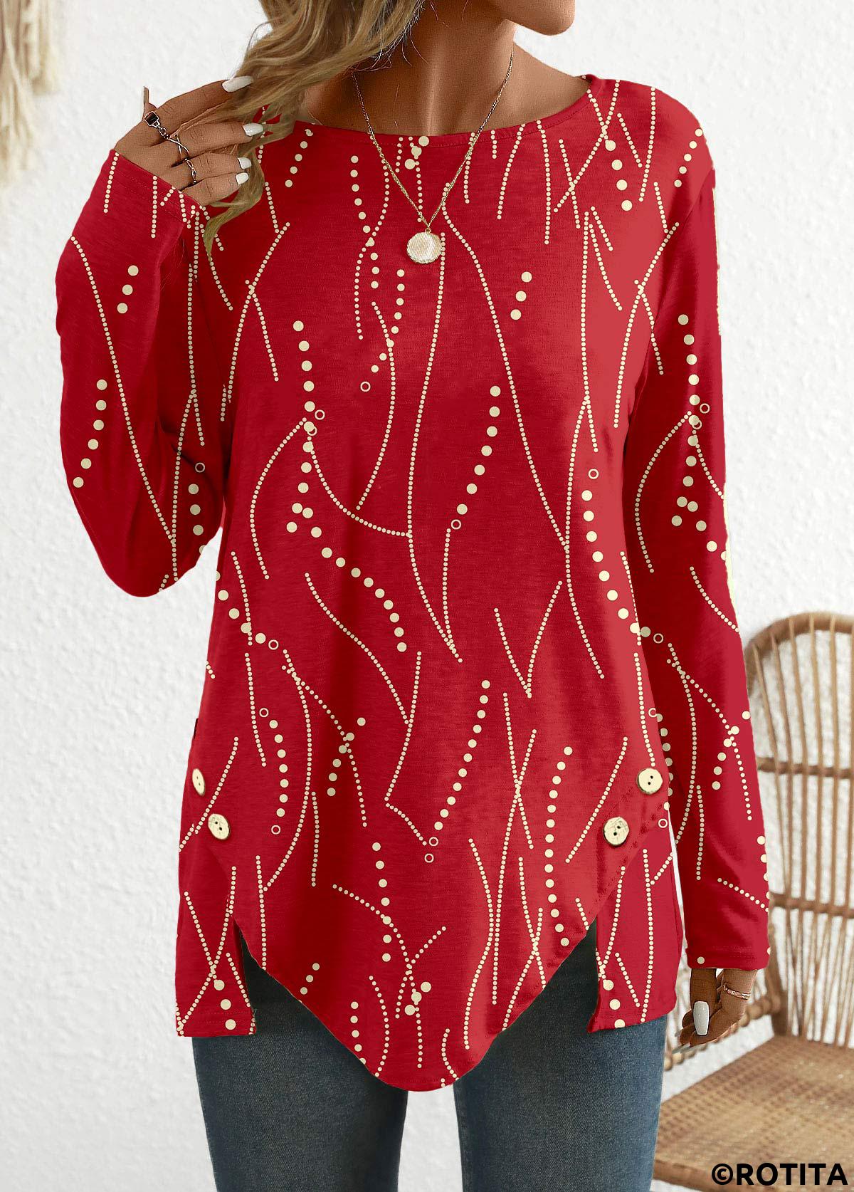 Red tops,Geometric tops,Dot tops,Striped tops,ROTITA Button Geometric Print Red Round Neck T Shirt