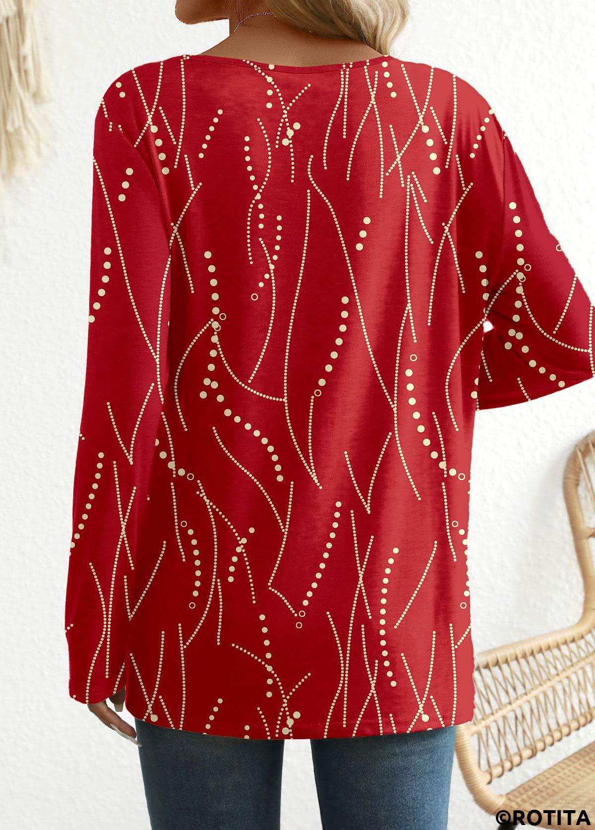 Red tops,Geometric tops,Dot tops,Striped tops,ROTITA Button Geometric Print Red Round Neck T Shirt