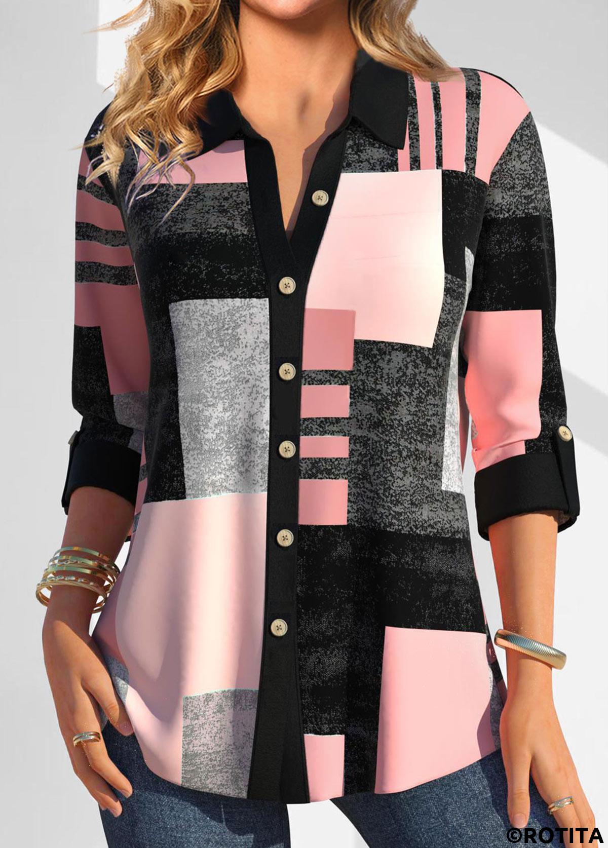 Pink tops,Grey tops,Geometric tops,Striped tops,ROTITA Button Geometric Print Pink Shirt Collar Blouse