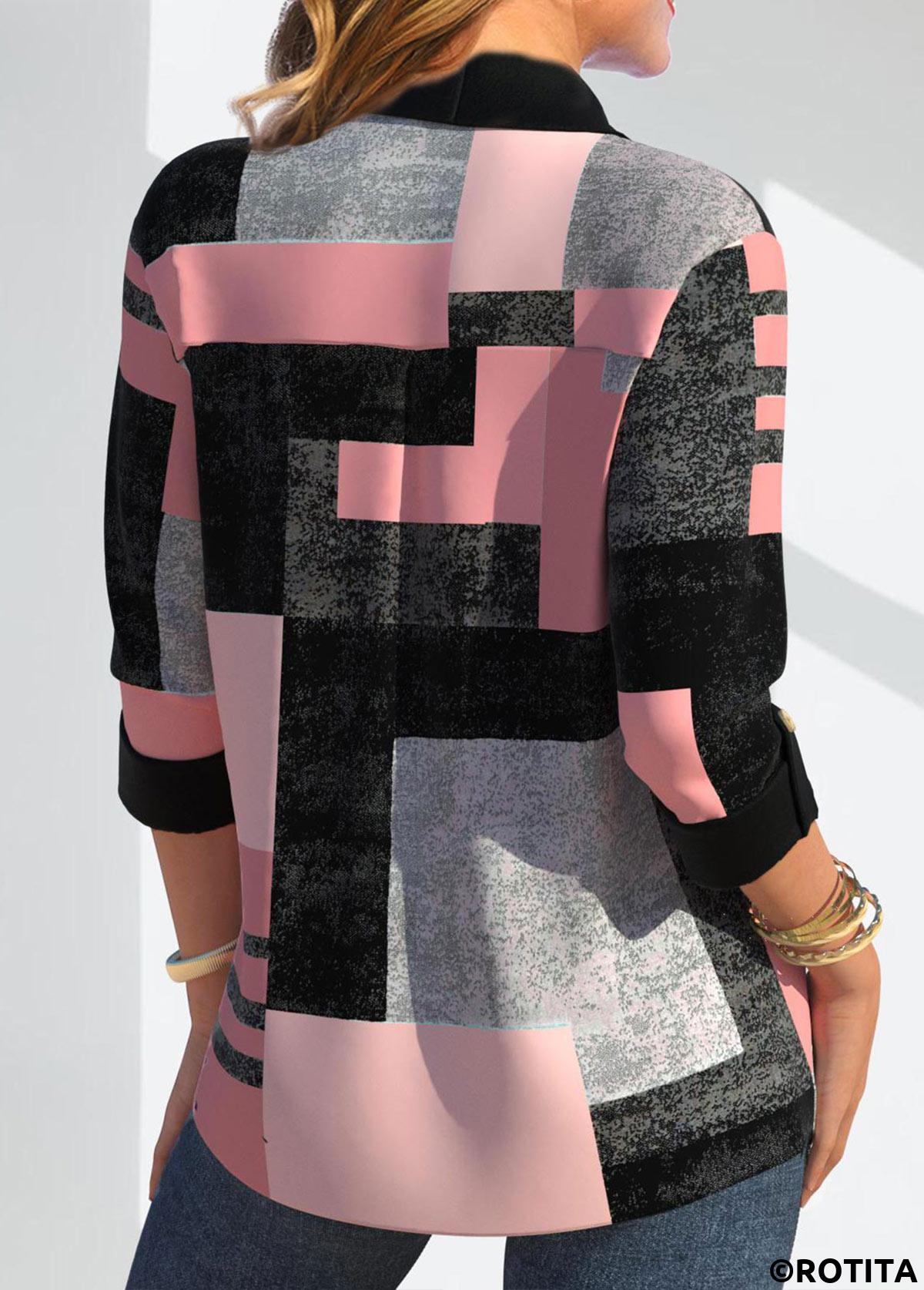 Pink tops,Grey tops,Geometric tops,Striped tops,ROTITA Button Geometric Print Pink Shirt Collar Blouse