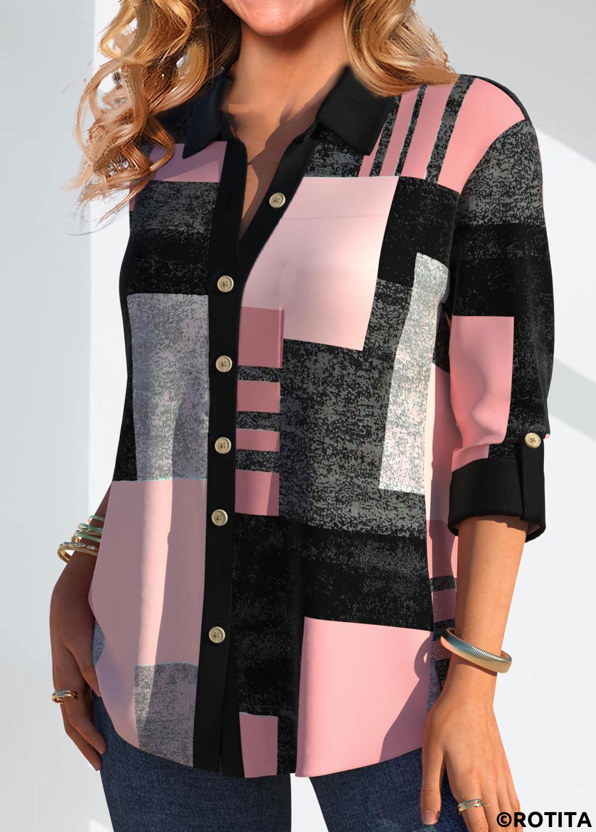 Pink tops,Grey tops,Geometric tops,Striped tops,ROTITA Button Geometric Print Pink Shirt Collar Blouse