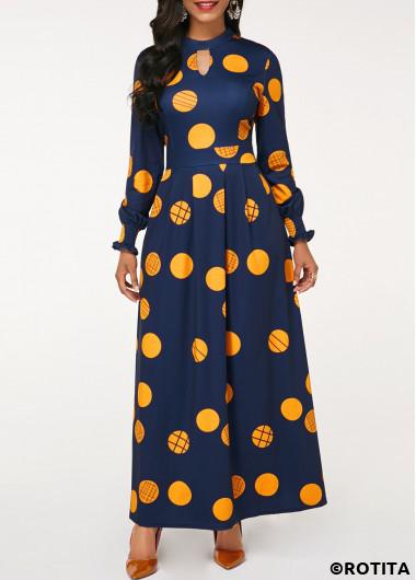 ROTITA Cut Out Polka Dot Navy Stand Collar Maxi Dress Rotita USD 38.98