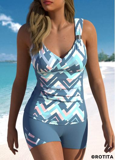 ROTITA Patchwork Dusty Blue Geometric Print Tankini Set