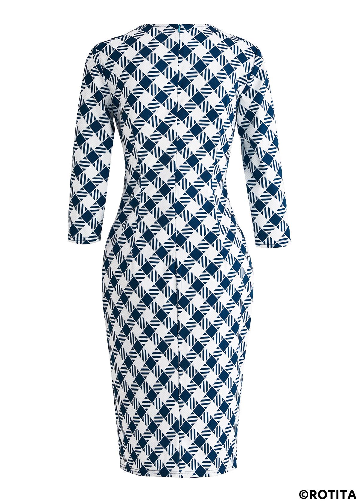Blue dresses,Plaid dresses,Geometric dresses,Striped dresses,Wear to Work dresses,Work dresses,ROTITA Patchwork Plaid Blue Square Neck Dress